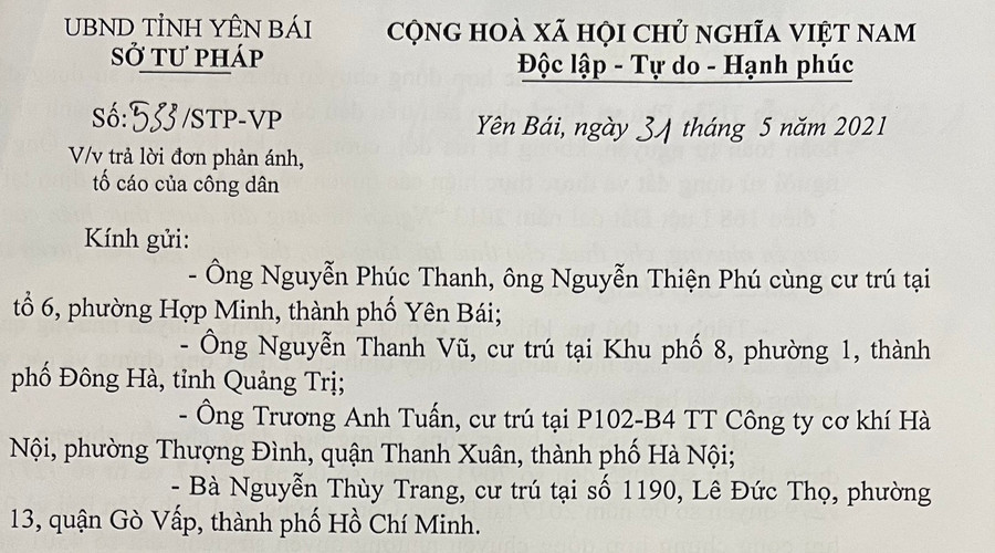 Sở Tư pháp tỉnh Yên Bái đã có văn bản trả lời về đơn kiến nghị của gia đình ông Thanh.