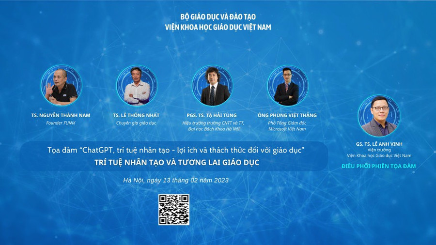 Các diễn giả tham gia Tọa đàm (phiên 1) với chủ đề Trí tuệ nhân tạo và tương lai giáo dục. Các diễn giả tham gia Tọa đàm (phiên 1) với chủ đề Trí tuệ nhân tạo và tương lai giáo dục.