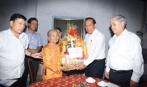 Phó Thủ tướng Thường trực Chính phủ Trương Hòa Bình thăm hỏi, động viên Mẹ Việt Nam anh hùng Bùi Thị Hồng. Ảnh: VGP