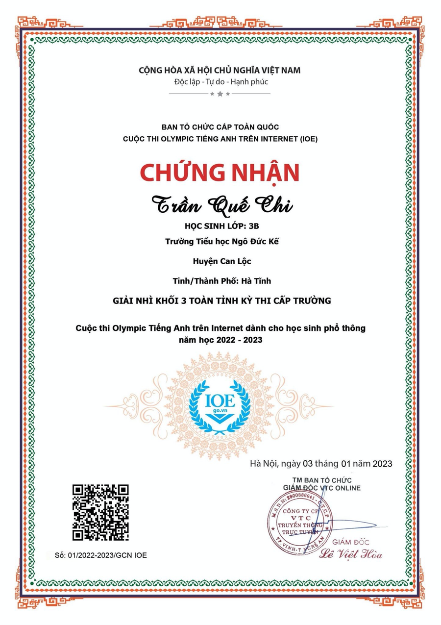 Chứng nhận thành tích cuộc thi tiếng Anh của cháu Trần Quế Chi. Chứng nhận thành tích cuộc thi tiếng Anh của cháu Trần Quế Chi.