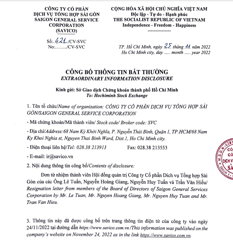 Savico công bố thông tin về việc 4 thành viên HĐQT nộp đơn xin từ nhiệm. Savico công bố thông tin về việc 4 thành viên HĐQT nộp đơn xin từ nhiệm.
