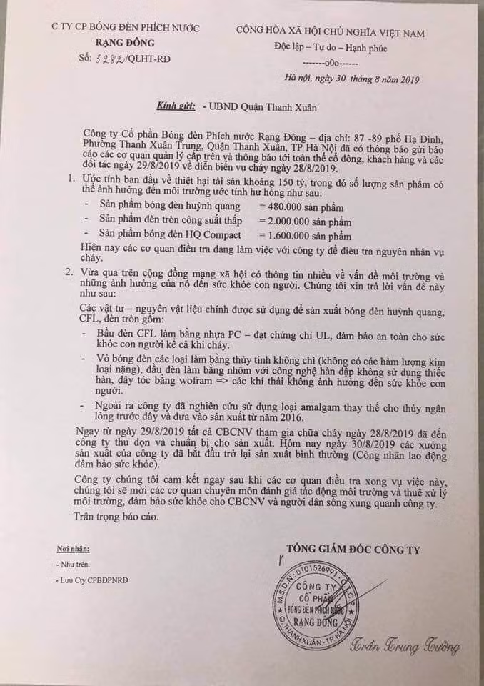 Báo cáo gửi UBND quận Thanh Xuân của công ty Rạng Đông