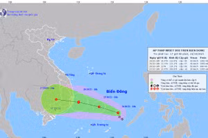 Dự báo vị trí và đường đi của áp thấp nhiệt đới. Ảnh: KTTV.