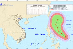 Dự báo hướng di chuyển của siêu bão Surigae gần biển Đông. Ảnh: Trung tâm Dự báo Khí tượng Thủy văn Quốc gia.