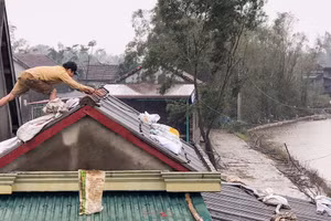 Giằng néo lại mái nhà để chống chọi với cơn bão số 13, Ảnh VNE.