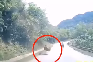 Video: Tảng đá bất ngờ rơi từ trên núi xuống đường quốc lộ ở Sơn La
