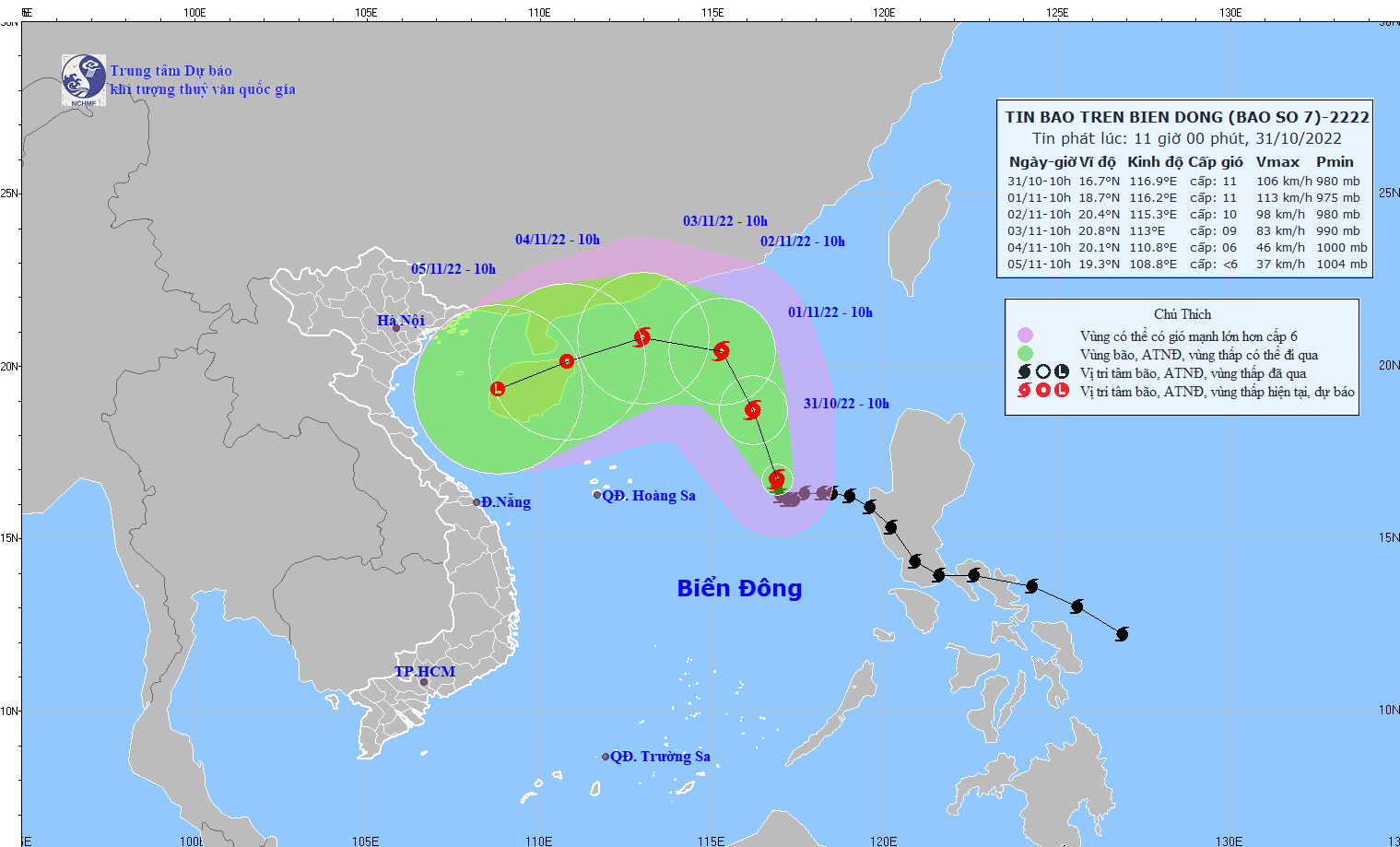 Dự báo hướng di chuyển của bão số 7. Ảnh: KTTV.