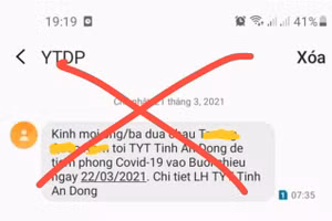 Tin nhắn thông báo người dân đi tiêm vắc xin ngừa COVID-19. Ảnh: H.N.