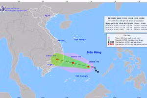 Dự báo hướng di chuyển của áp thấp nhiệt đới có khả năng mạnh lên thành bão. Ảnh: KTTV.