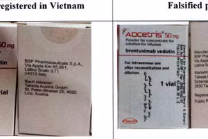 Hình ảnh bao bì thuốc đăng ký tại Việt Nam (trái) và sản phẩm giả mạo. Ảnh: Cục Quản lý Dược.