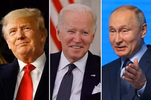 Cựu Tổng thống Mỹ Donald Trump (trái), Tổng thống Mỹ Joe Biden (giữa) và Tổng thống Nga Vladimir Putin.