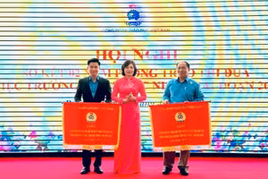 Bà Đặng Hoàng Anh - Phó Chủ tịch Công đoàn Giáo dục Việt Nam tặng Cờ thi đua cho 2 tập thể có thành tích xuất sắc.