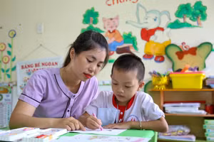 Hướng dẫn học sinh Mầm non vẽ tại lớp học (Ảnh tư liệu)