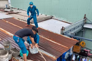 Lực lượng dân quân tự vệ địa phương hỗ trợ người dân chằng chống nhà cửa. 