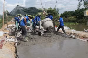 Sinh viên tình nguyện làm đường giao thông nông thôn tại tỉnh Kiên Giang.