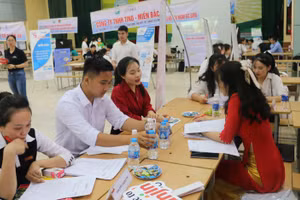 Nhiều công ty, doanh nghiệp tham gia ngày hội việc làm năm 2022 của Trường ĐH Nông Lâm (ĐH Thái Nguyên). Ảnh: NTCC