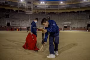 Học sinh đóng giả làm đấu sĩ và bò tót.