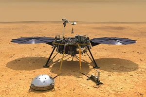 Hình minh họa tàu InSight của NASA cùng các thiết bị được triển khai trên sao Hỏa.