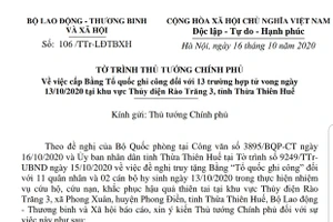 Tờ trình báo cáo thông tin sự việc và trình Thủ tướng Chính phủ xem xét, quyết định cấp Bằng Tổ quốc ghi công đối với 13 trường hợp tử vong tại Thủy điện Rào Trăng 3