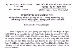 Tờ trình báo cáo thông tin sự việc và trình Thủ tướng Chính phủ xem xét, quyết định cấp Bằng Tổ quốc ghi công đối với 13 trường hợp tử vong tại Thủy điện Rào Trăng 3