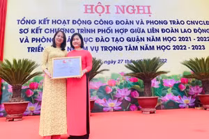 Cô Nguyễn Thị Thanh Tâm – Hiệu trưởng Trường THCS Thanh Trì (bên trái) và cô Vũ Diệu Hương.