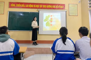 Cô Trần Thị Xuân Hà trong một giờ lên lớp. Ảnh: NVCC.