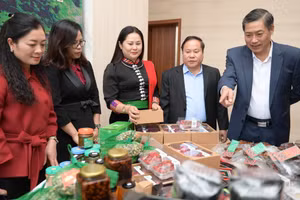 Các đại biểu thăm quan các gian hàng nông sản được trưng bày tại hội nghị.