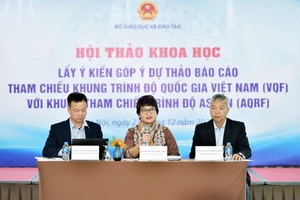 Lãnh đạo Vụ Giáo dục đại học (Bộ GD&ĐT) và đại diện Ban soạn thảo báo cáo chủ trì hội thảo.