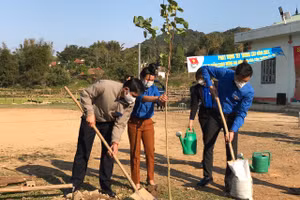 Đồng chí Đặng Thành Huy, Bí thư Tỉnh đoàn Điện Biên (ngoài cùng bên phải) tham gia trồng cây xanh tại buổi lễ.