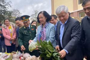 Bà Trương Thị Mai - Ủy viên Bộ Chính trị, Thường trực Ban Bí thư, Trưởng ban Tổ chức Trung ương cùng Đoàn công tác tham gia Chương trình 'Xuân Biên phòng - Ấm lòng dân bản' tại xã Dân Hóa, huyện Minh Hóa, tỉnh Quảng Bình (ảnh trái).