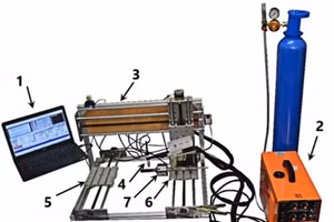 Thiết bị thấm carbon bằng dòng plasma hồ quang. 1: Máy tính, 2: Máy hàn Tig 250P, 3: Khung máy, 4: Mỏ hàn, 5: Bàn đặt chi tiết, 6: Bàn đặt chi tiết, 7: Mâm cặp K80.
