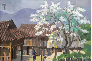 Ảnh chụp lại tác phẩm 'Hoa lê tháng Giêng', tranh sơn dầu của Nguyễn Lộc 2.