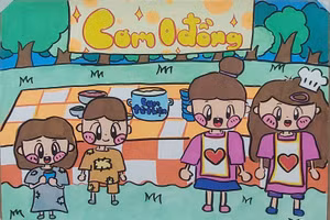 Bức tranh 'Cơm 0 đồng' của Vũ Hà Linh (lớp 6 Trường THCS Gia Thụy, Long Biên, Hà Nội). Ảnh: Bình Thanh