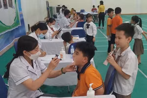 Trường Tiểu học Đoàn Kết tổ chức khám sức khỏe định kỳ cho học sinh. Ảnh: NTCC