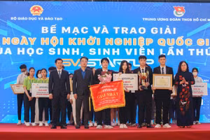 Thứ trưởng Bộ GD&ĐT Ngô Thị Minh (ngoài cùng bên phải) và đại diện Ban tổ chức trao giải Nhất học sinh tại Cuộc thi “HSSV với ý tưởng khởi nghiệp” năm 2022. Ảnh: BTC