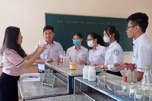 Cô Lương Thùy Lan, Tổ trưởng Tổ Sinh, Trường THPT Lê Duẩn, TP Buôn Ma Thuột hướng dẫn học sinh làm quen với nghiên cứu. Ảnh: TG