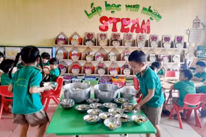 Trẻ tại Trường Mầm non Hải Đường (Hải Hậu, tỉnh Nam Định) trong giờ ăn trưa. Ảnh: NTCC