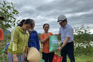 Đại diện công ty Điện lực Quảng Bình tặng quà cho bà con khó khăn.