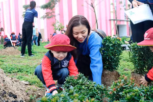 Một em học sinh mầm non tham gia trồng cây cùng cô giáo