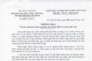 Thông báo của Trường Đại học Công Thương TPHCM về cảnh báo tình trạng học hộ, thi hộ diễn ra trong sinh viên. Ảnh: HUIT
