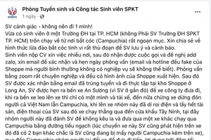 Thông tin cảnh báo được đăng tải trên Fanpage Phòng Tuyển sinh và Công tác sinh viên Trường Đại học Sư phạm kỹ thuật TPHCM. Ảnh: FB