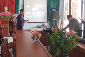 Ban giám hiệu và giáo viên Tin học trường Tiểu học Thị trấn Tân An chuẩn bị thiết bị kết nối với điểm cầu chính vào sáng ngày 22/01/2021