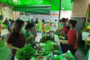 Nhiều khách hàng đến với phiên chợ Xanh -Tử tế để mua nông sản thực phẩm sạch dùng cả tuần. Ảnh: TG