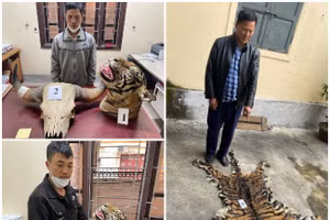 Các đối tượng bị khởi tố và số tang vật vụ án. Ảnh:CANA