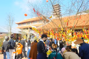 Du khách đến tham quan, thắp hương tại chùa Đại Tuệ (huyện Nam Đàn, Nghệ An).