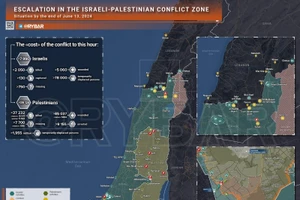 Bản đồ xung đột Israel - Hamas ngày 13/6. (Ảnh: Rybar)