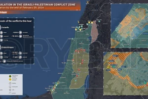 Bản đồ xung đột Israel - Hamas ngày 29/2. (Ảnh: Rybar)