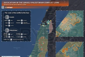 Bản đồ xung đột Israel - Hamas ngày 5/3. (Ảnh: Rybar)