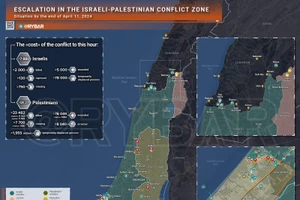 Bản đồ xung đột Israel - Hamas ngày 11/4. (Ảnh: Rybar)