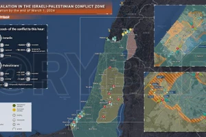 Bản đồ xung đột Israel - Hamas ngày 1/3. (Ảnh: Rybar)